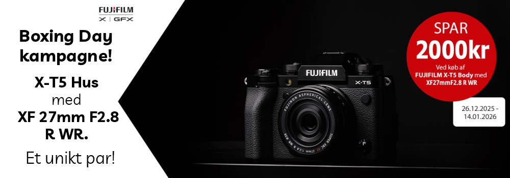 Boxing day kampagne! X-T5 Hus med XF27mm F2,8 R WR Kampagnen gælder fra 26 December t.o.m. D. 14 Januar 2026